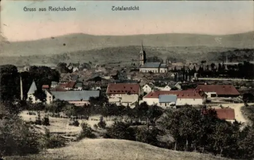 Ak Reichshoffen Reichshofen Elsass Bas Rhin, Gruss aus  Zotalansicht, Landschaft, Gebäude, Kirche