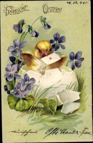 Litho Glückwunsch Ostern, Küken, Osterei, Veilchen