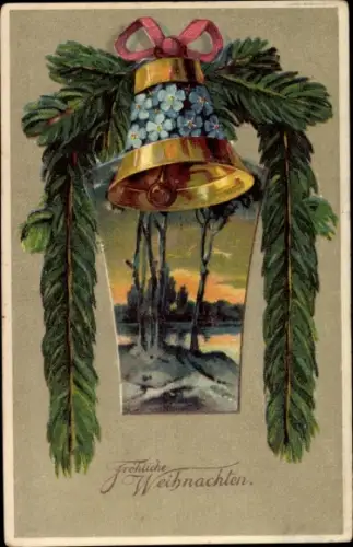 Präge Ak Glückwunsch Weihnachten, Glocke, Vergissmeinnicht, Tannenzweig