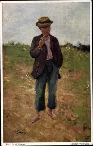 Künstler Ak Seeger, H., Erster Versuch, Junger Mann mit Pfeife