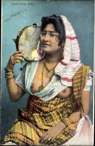 Ak Ägypten, Dancing girl, barbusige Frau, Tamburin