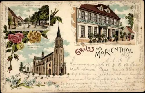 Litho Marienthal Haguenau Hagenau Elsass Bas Rhin, Kirche, Hotel Joseph Desch