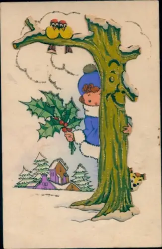Glitzer Ak Kind mit Stechpalme, Baum, Vögel
