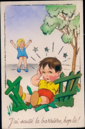 Glitzer Ak Verletzter Junge am Zaun, Mädchen, Baum