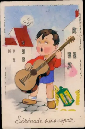 Glitzer Ak Singender Junge, Gitarre, Handlaterne