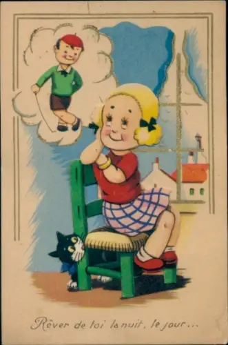 Ak Mädchen denkt an seinen Freund, Katze