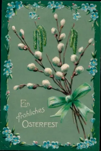 Präge Passepartout Ak Glückwunsch Ostern, Weidenkätzchen, Vergissmeinnicht