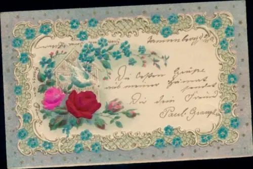 Präge Material Ak Blumen, Rosen, Vergissmeinnicht