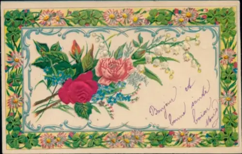 Präge Material Ak Blumen, Rosen, Maiglöckchen