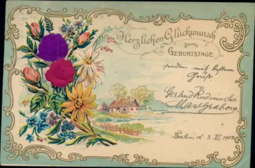 Präge Material Ak Glückwunsch Geburtstag, Blumen