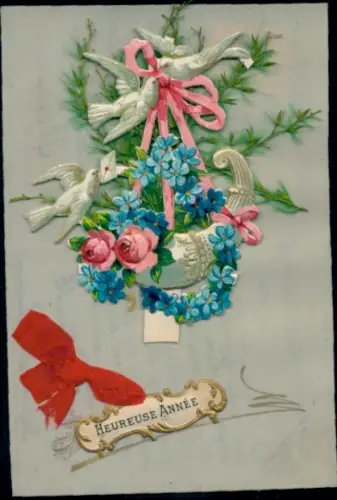 Zelluloid Ak Glückwunsch Neujahr, Tauben, Vergissmeinnicht, Stoffschleife