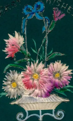 Glitzer Ak Blumen, Schleife, Kitsch