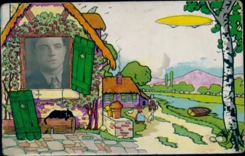 Passepartout Ak Männerporträt, Haus, Fluss, Kitsch