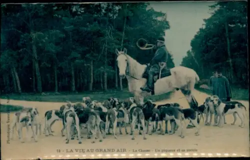 CPA La vie au Grand Air, La Chasse, Un piqueur et sa meute