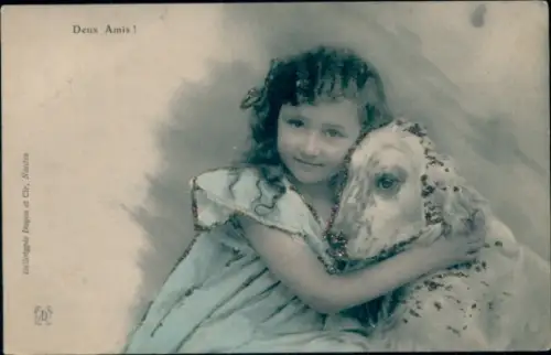 Glitzer Ak Mädchen mit Hund, Porträt