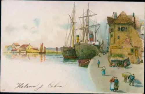 Glitzer Litho Hafen, Schiffe, Haus