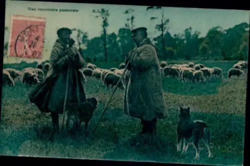 Ak Zwei Hirten im Gespräch, Schafe, Hunde