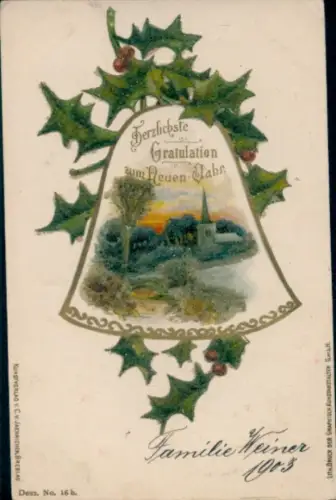 Glitzer Ak Glückwunsch Neujahr, Glocke, Stechpalme