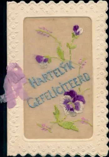 Seidenstick Ak Glückwunsch, Blumen, Stoffschleife