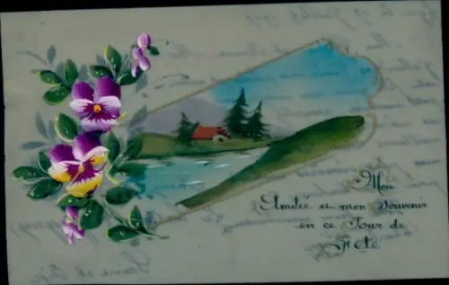 Zelluloid Ak Stiefmütterchen, Blumen, Fluss, Haus