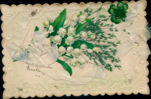 Präge Material Ak Maiglöckchen, Stoffschleife, Pflanze, Glücksklee