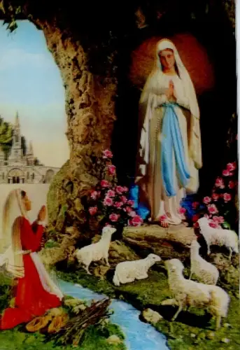 3-D Ak Heilige, Betende Frau, Schafe, Bernadetta