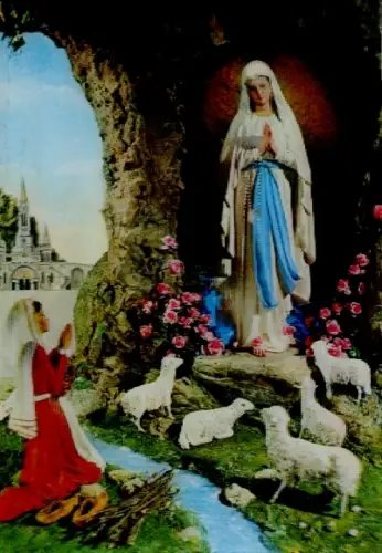 3-D Ak Heilige, Betende Frau, Schafe