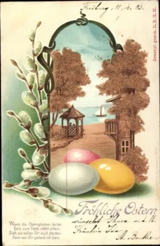 Litho Glückwunsch Ostern, Ostereier, Weidenkätzchen