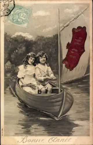 Ak Glückwunsch Neujahr 1906, Kinder im Ruderboot