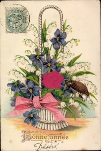 Präge Material Ak Glückwunsch Neujahr, Blumenkorb, Schleife, Maikäfer