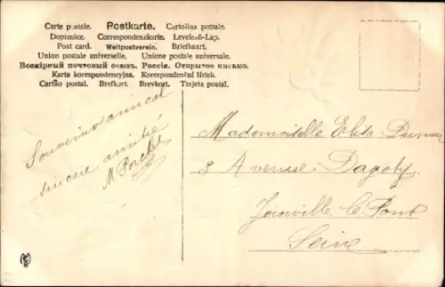 Präge Ak Frau-Porträt, Blaue Blumen