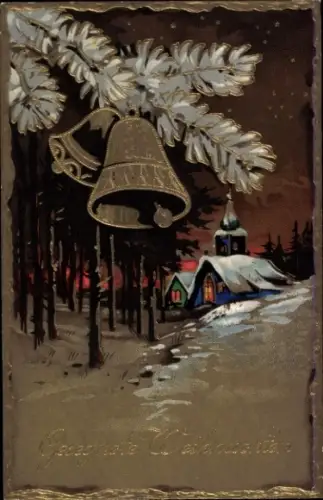 Ak Glückwunsch Weihnachten, Glocken, Tannenzweige, Kirche