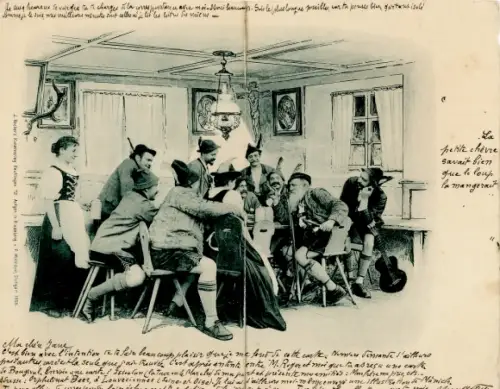 Klapp Ak Bayerische Tracht, Menschen am Tisch, Erzählung, Geschichte