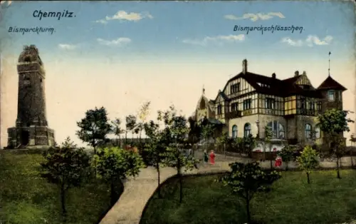 Ak Chemnitz in Sachsen,  Bismarckturm, Bismarckschlösschen