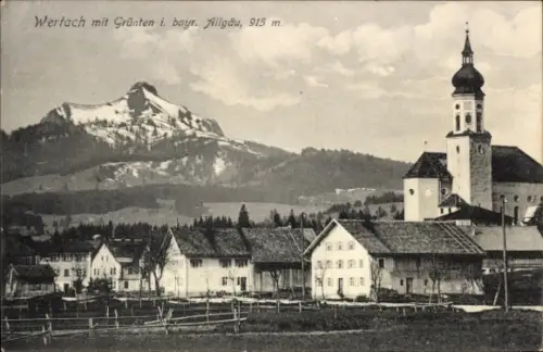 Ak Wertach im Allgäu, Teilansicht, Kirche, Grünten