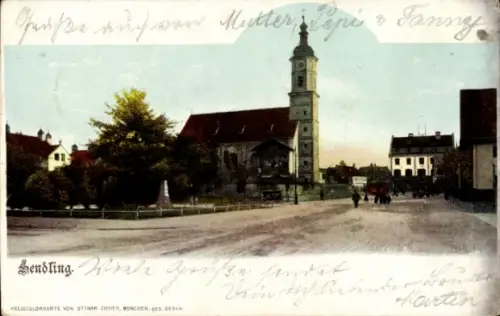 Ak Sendling München,  Kirche, Menschen, Bäume, Heliocolorkarte