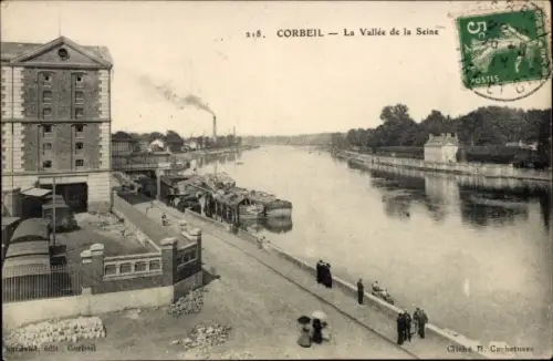 Ak Corbeil Essonne,  Vallée de la Seine, Flussansicht, Schiffe, Fabriken