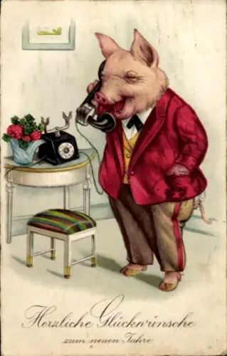 Ak Fröhliches Neujahr, Vermenschlichtes Schwein am Telefon