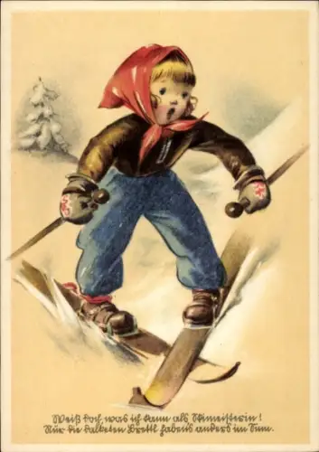 Künstler Ak Weiß doch, was ich kann als Skimeisterin, Mädchen mit überkreuzten Skiern