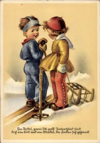 Künstler Ak Köhn, Emil, Junge auf Skiern, Skistock, Mädchen mit Schlitten