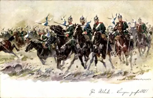Künstler Ak Hoffmann, Anton, Gruß aus dem Manöver, Deutsche Soldaten zu Pferd