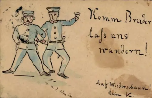 Handgemalt Ak Komm Bruder lass uns wandern, zwei Soldaten, Ganzsache Königreich Bayern