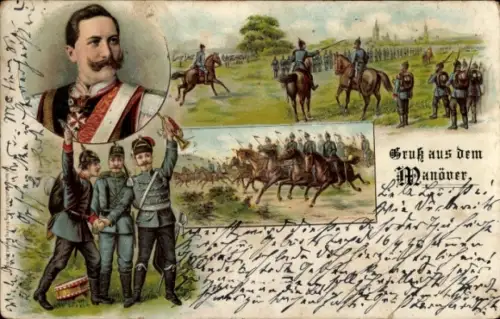Litho Kaisermanöver, Kavallerie, Kaiser Wilhelm II., Portrait