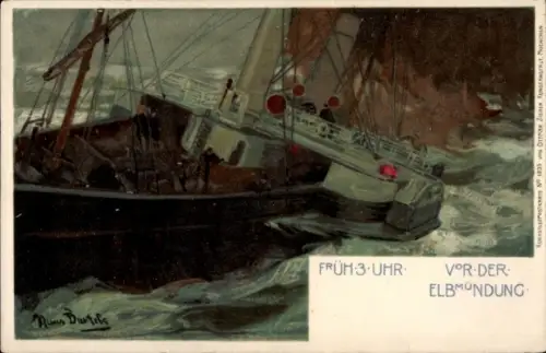 Künstler Ak Bartels, Hans, Früh 3 Uhr vor der Elbmündung, Dampfschiff