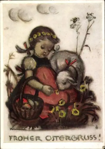 Künstler Ak Hummel, Berta, Glückwunsch Ostern, Mädchen mit Lamm