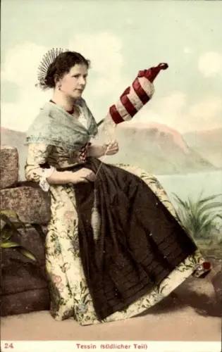 Ak Kanton Tessin Ticino Schweiz, Frau in Tracht, Spindel