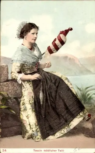 Ak Kanton Tessin Ticino Schweiz, Frau in Tracht, Spindel