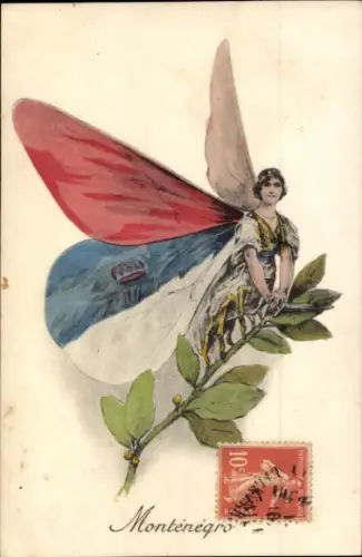 Ak Montenegro, Schmetterling in Nationalfarben, Allegorie