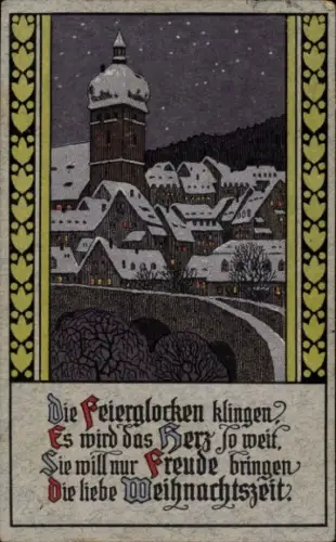 Ak Frohe Weihnachten, Stadt bei Nacht, Reim