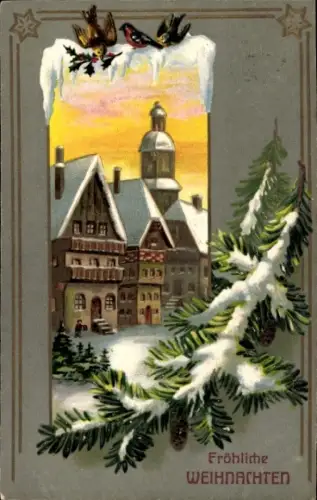Winter Präge Litho Glückwunsch Weihnachten, Ortschaft im Winter, Tannenzweig, Vögel
